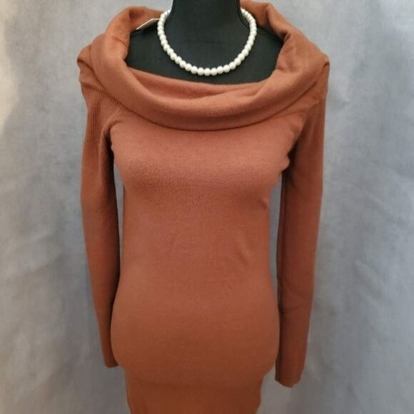 Mak Sweater Shoulder Dress Women Cowl Neck Bodycon Rayon Long Sleeve Rust - Picture 3 of 10